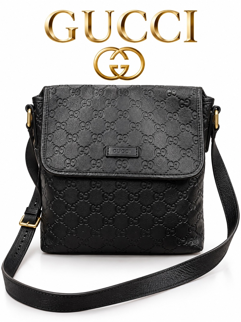 Gucci Black Embossed GG Leather Crossbody Bag with COA